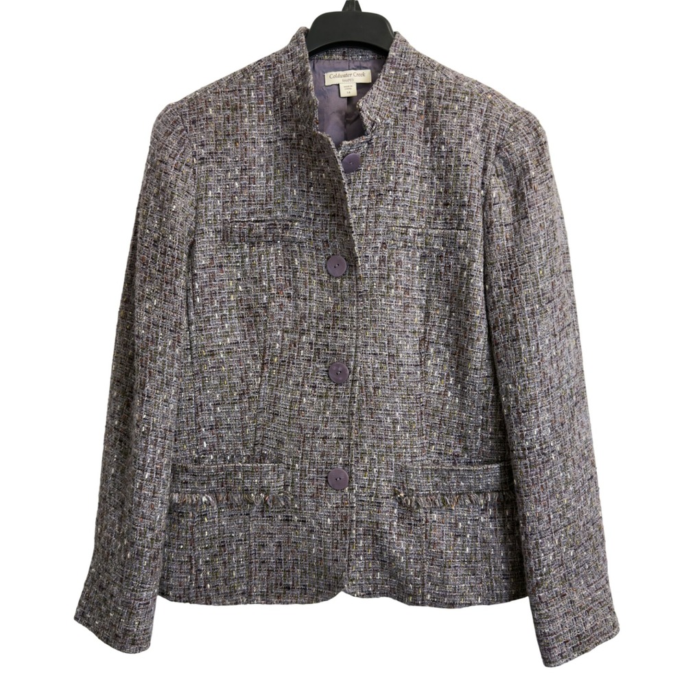 Coldwater Creek Shaped Purple Multi Tweed Blazer Jacket Stand Collar Size 14